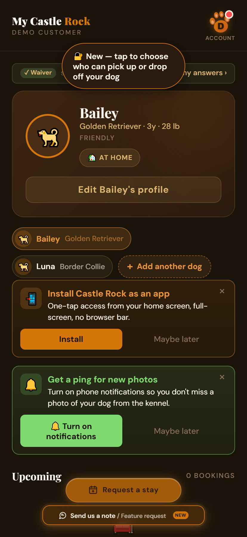 Customer app dashboard showing their dogs and bookings